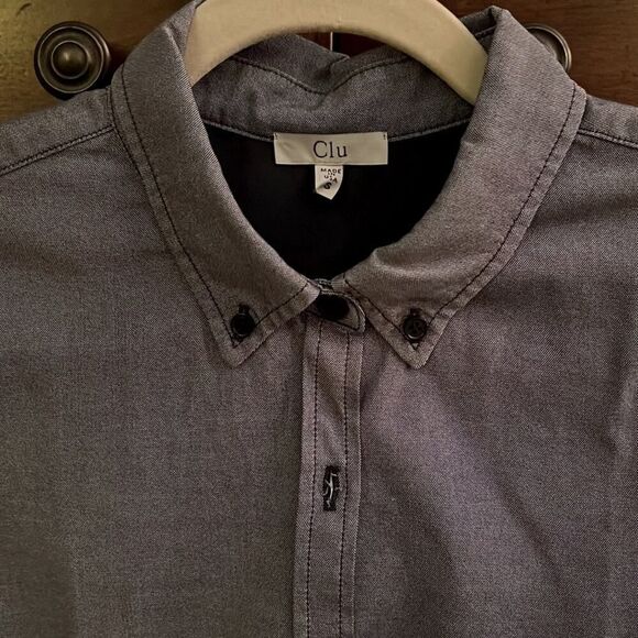 Clu denim long sleeve button down shirt w silk ruffle hem NWOT S - Picture 3 of 9